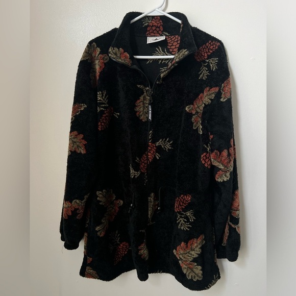 Black Mountain Vintage Black Pine Cone Print Bungee Zip Up Fleece Jacket - Picture 1 of 8